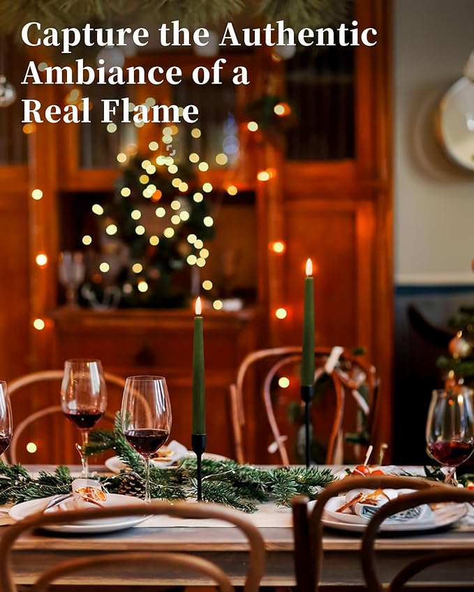 Green Flameless Taper Candles with Remote and Timer, 9.65 Inch Real Wax LED Candlesticks, Dripless Battery Operated Tall Candles with 3D Flickering Flame, 6 Pack