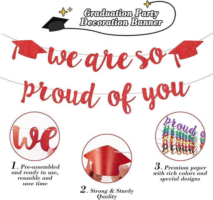 2026 Graduation Decorations Pre-Strung Blingbling We Are So Proud of You Banner Glitter Graduation Garland for Class of 2026 High School College Grad Party (Red)