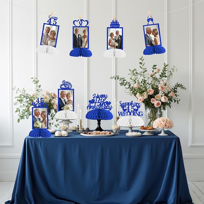 Cheereveal 8 Pieces Happy 45th Wedding Anniversary Honeycomb Centerpiece, Navy Blue Glitter Photo Table Topper, Cheers to 45 Years Sapphire Wedding Anniversary Theme Party Supplies for Men and Woman