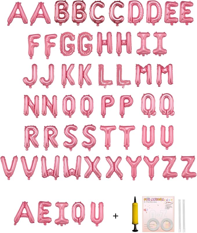 58 PCS Letter Balloons Alphabet Letters 2 Sets A- Z & 1 Sets AEIOU 16 - Inch Mylar Foil Balloons Set for Wedding/Birthdays/Annivs/Grads party Decoration Banner Custom Phrase (Pastel Pink)