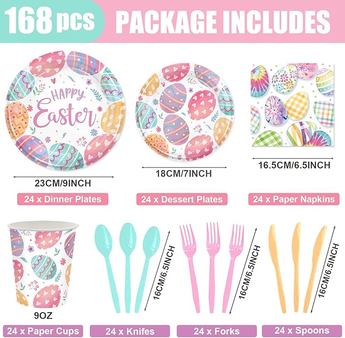 168PCS Easter Day Party Supplies Colorful Eggs Pattern Party Decorations Easter Dinnerware with Paper Plates Napkins Cups Forks for Spring Holiday Celebrations Picnic Favors Serves 24