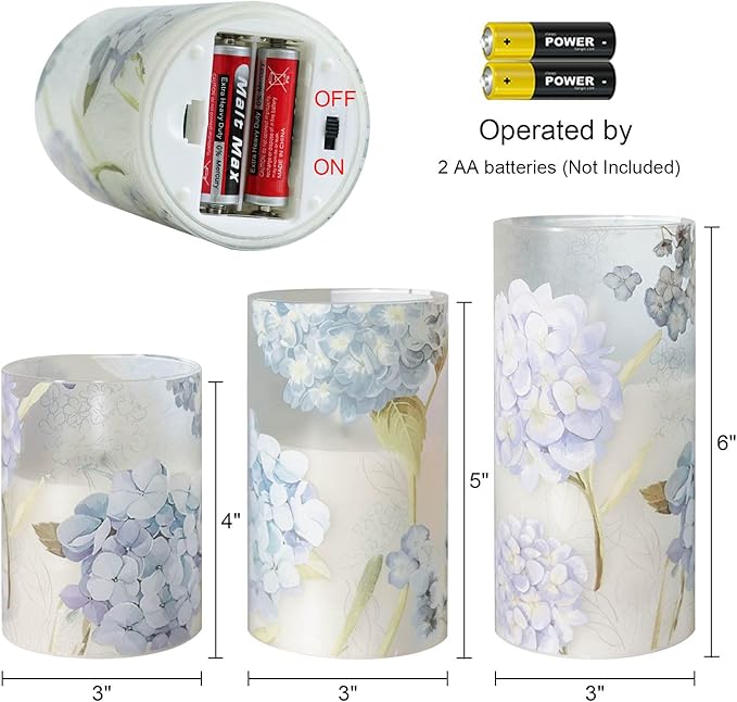 Hydrangeas Decals Glass Flameless Candles with Remote Timer, Battery Led Pillar Candles Flickering Real Wax Pack of 3 for Mother's Day Gift, Spring Dinner Home Decor, Φ 3" H 4" 5" 6"