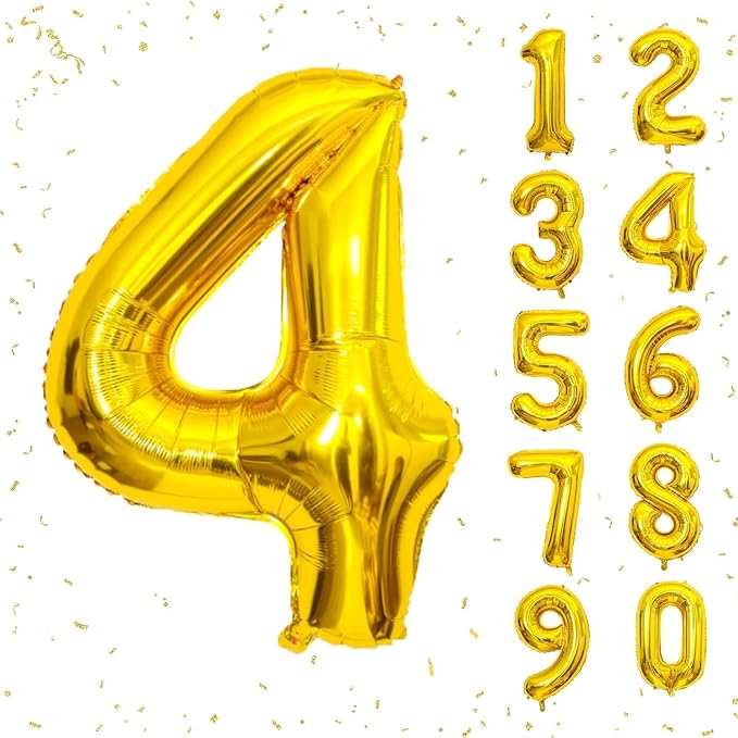 16 In Gold Large Numbers Balloons 0-9, Self Inflating Number 4 Balloons for Boys Girls, Big Gold Digit 4 Balloons for Women Men Birthday Party Anniversary Wedding Supplies Decorations