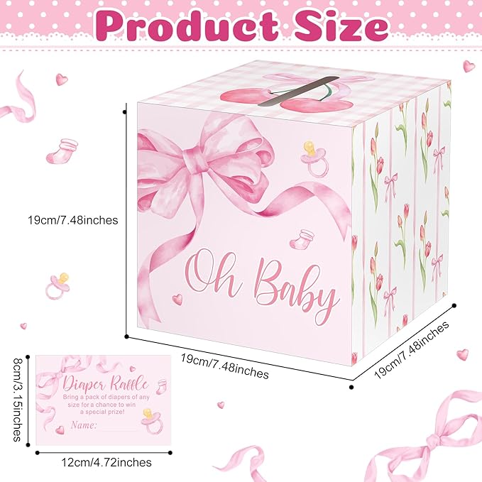 Funrous 51 Diaper Raffle Tickets with Box for Baby Shower Game Invitations Diaper Raffle Card for Gender Reveal Baby Shower Party Decoration Table Centerpiece(Pink Color)