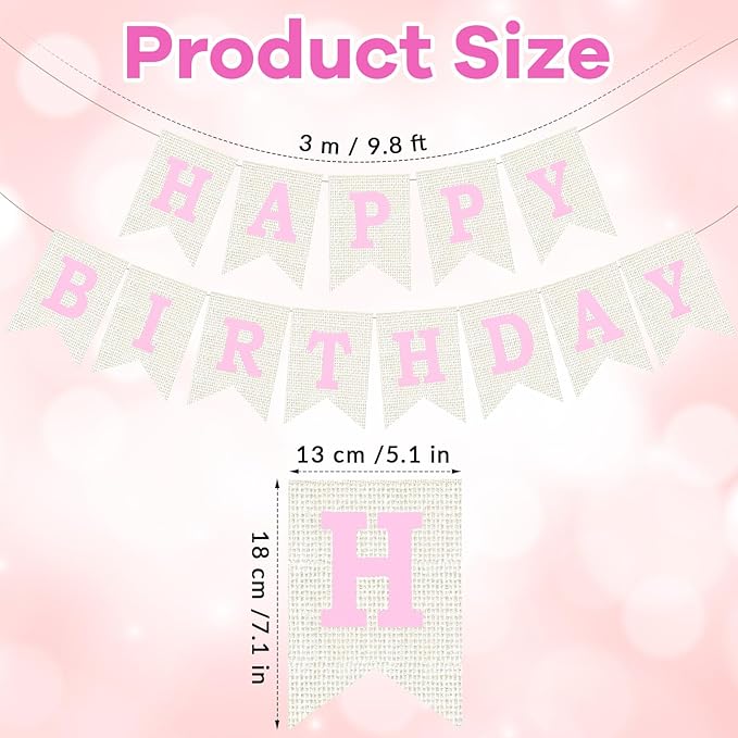 Burlap Happy Birthday Banner, Pink Assembled Happy Birthday Banner Sign Garland for Boys Girls Rustic Party Decorations