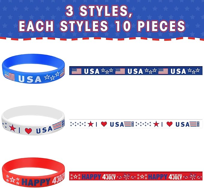 Lewtemi 30 Pieces 4th of July Party Favors USA Silicone Bracelet Patriotic American Flag Red White and Blue Rubber Wristband for Independence Day Decorations Fourth of July Party Accessories Gift