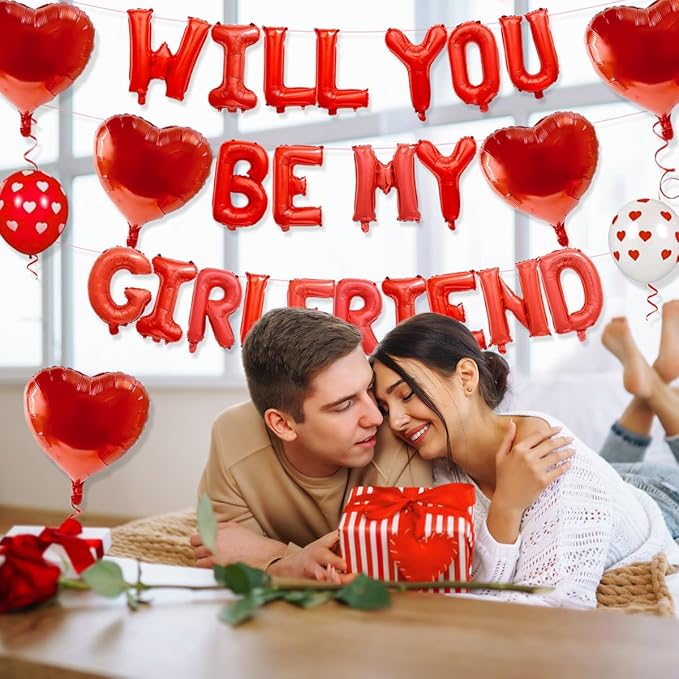 2 Set 16 Inch Will You Be My Girlfriend Balloons Banner, Red Proposal Letter Balloons with 10 Heart Shaped Balloon for Romantic Decorations, Engagements, Anniversaries, Valentines Day Decor
