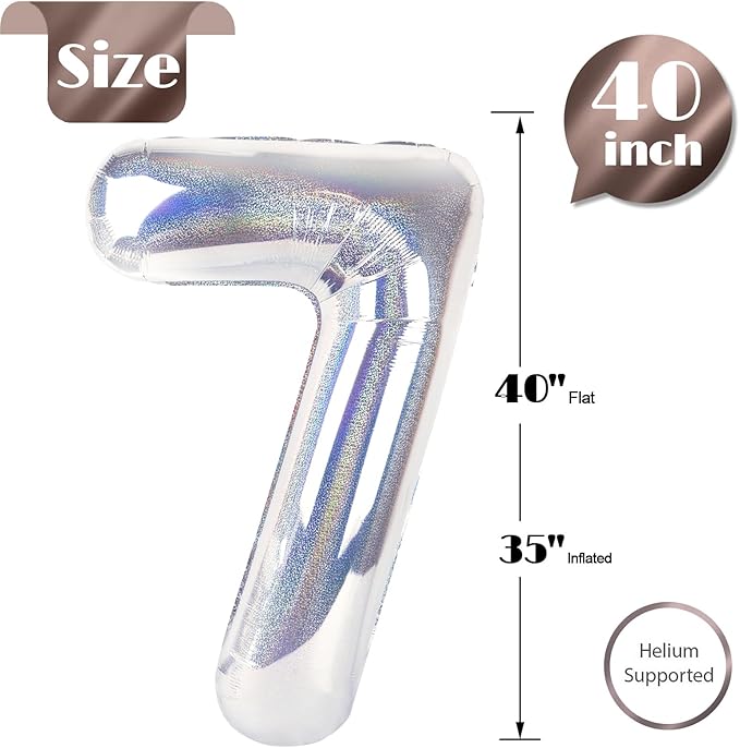 Laser Silver 7 Balloon, Number Balloons 40 Inch, 7th Birthday Decorations for Girls Kids, Party Decoration for Women, Number 7 Balloon