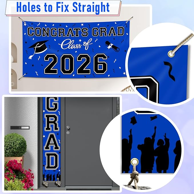 WOHOHOHO 23Pcs Graduation Decorations 2026 Set, Blue Porch Door Sign GRAD Banner, Class of 2026 Backdrop, 5 Colors Large Balloons, Hanging Party Supplies for High School College Indoor Outdoor Decor