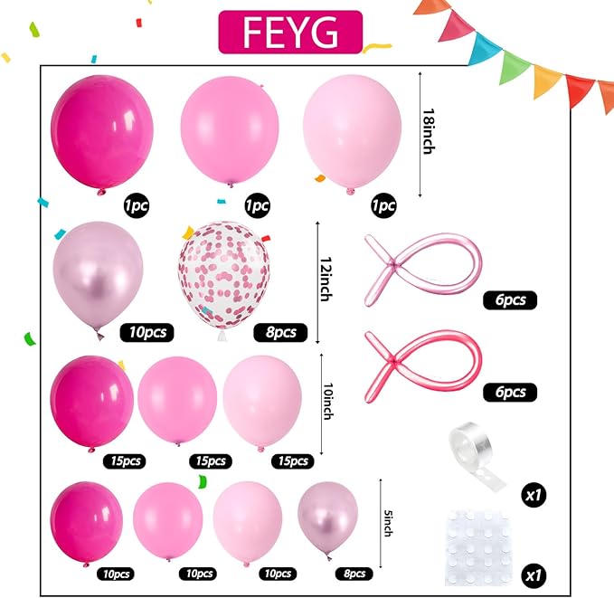 Pink Balloon Garland Arch Kit, Hot Pink Metalic Pink Pastel Pink Latex Balloon with Confetti Balloon Long Balloons for Girls Women Birthday Wedding Baby Bridal Shower Graduation Party Decorations