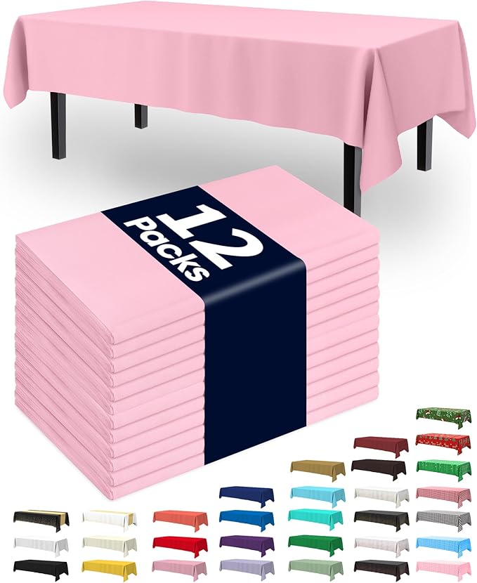 Pureegg Plastic Table Cloth Disposable 12 Pack, 54 x 108 Inch Table Cloths, Easter Party, Valentines, Mothers Day Decorations, Tablecloths, Rectangle, Pastel Plastic Cover, Leakproof & Sturdy, Pink