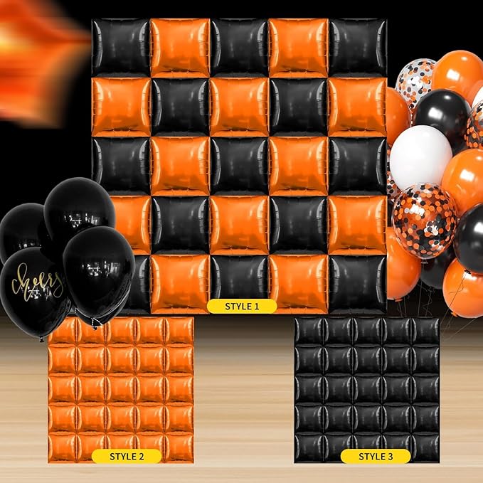 50 Pcs Black and Orange Square Foil Balloons Wall Backdrop, 19 Inch Reusable Mylar Basketball Balloons DIY Double Sided Tunnel Arch Kit for Birthday Graduation Basketball Party Baby Shower Decorations