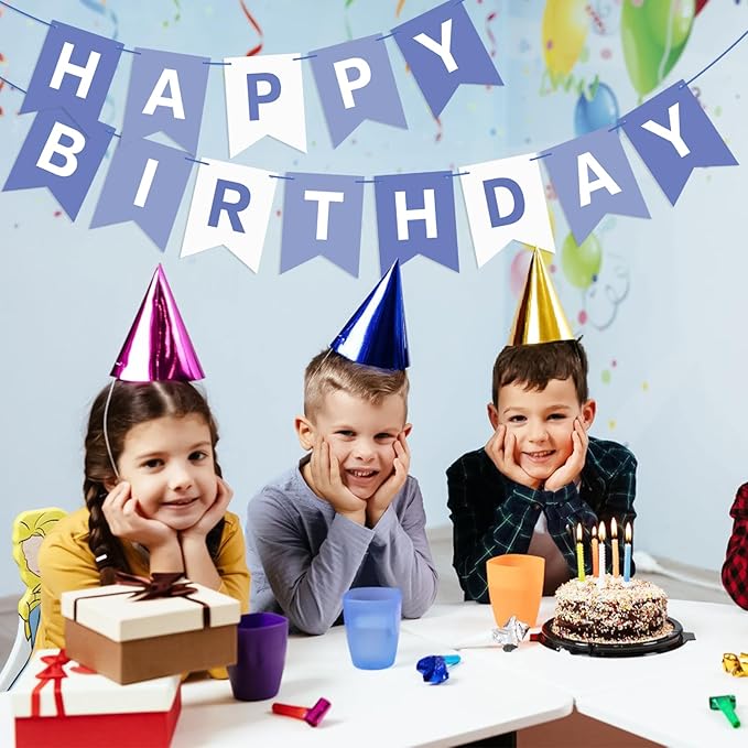 Grayish Blue Birthday Banner Sign Happy Birthday Bunting Banner Garland for Kids Girl Woman Tea Party Decorations Bunting Flag Party Supplies