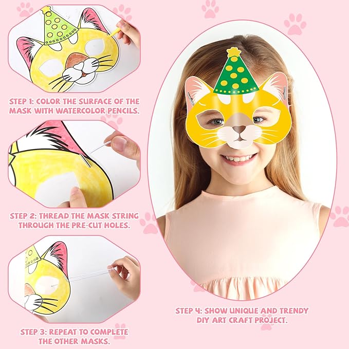 36 Set Cat Coloring Mask Animal Paper Arts Crafts Kids Color Your Own Birthday Cat Blank DIY Mask Masquerade Birthday Party Dress-Up Decoration Favor School Classroom Activity Game Supplies