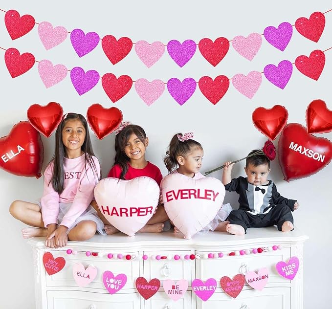 Glitter Red Pink Hot Pink Valentine's Day Banner, 4 Strings Red Pink Hot Pink Shiny Heart Banners Sign for Celebrate Valentine's Day Party Wedding Ceremonies Holiday Party Decorations