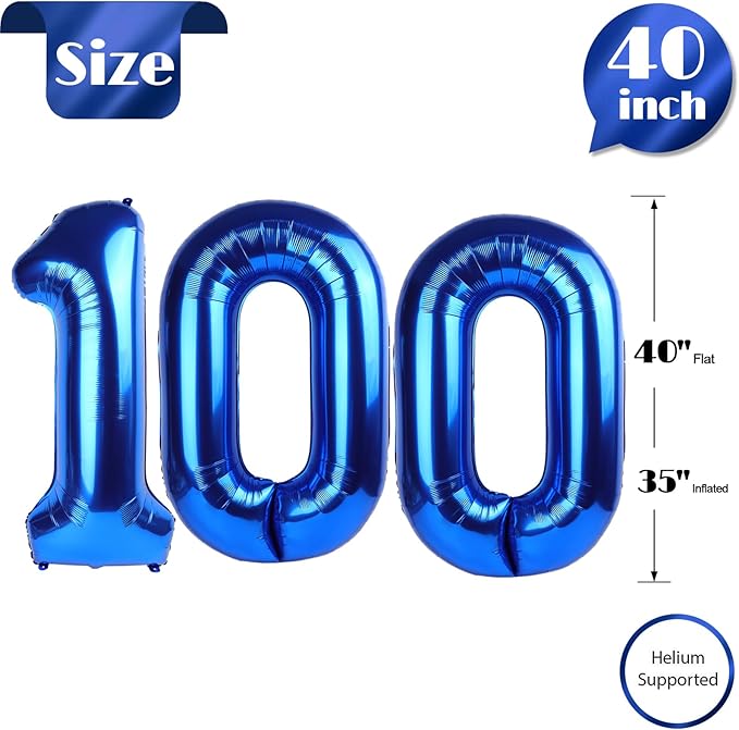 Navy Blue Number 100 Balloon 40 inch, 100 Number Balloons, 100th Navy Blue Birthday Decorations, 100 Year Old Women Men Blue Party Supplies