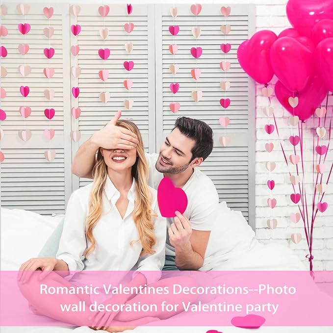 GCQQ Valentines Decorations - 3D Hot Pink Valentine's Day Decoration Paper Garland 39Ft Bridal Shower Decorations Hanging Heart Streamers for Mothers Day Galentines Day Wedding Birthday Party Decor