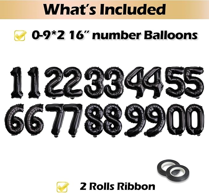 [20 Pcs] 16" Black Foil Number Balloons (2 sets of 0-9) - Mylar Aluminum Hanging Decorations for Graduation, Birthday, Christmas & New Year's Eve Parties