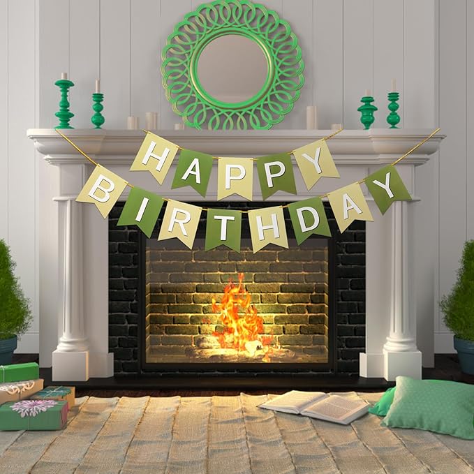 Happy Birthday Banner Birthday Party Banner NO DIY Happy Birthday Sign Pre-Strung Birthday Hanging Decoration for Women Men Girl Boy Party Supplies (Brown Green)
