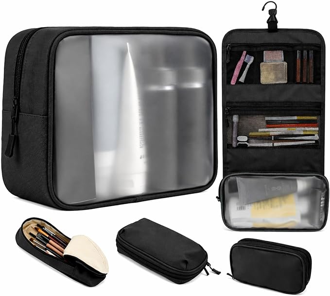 Travel Toiletry Bag Set for Women, Compact Size 5-Piece Hanging Organizer Kit with TSA Approved Cosmetic Bag, Jewelry Case & Cable Pouch, Waterproof Makeup Bag for Travel Essentials- Black