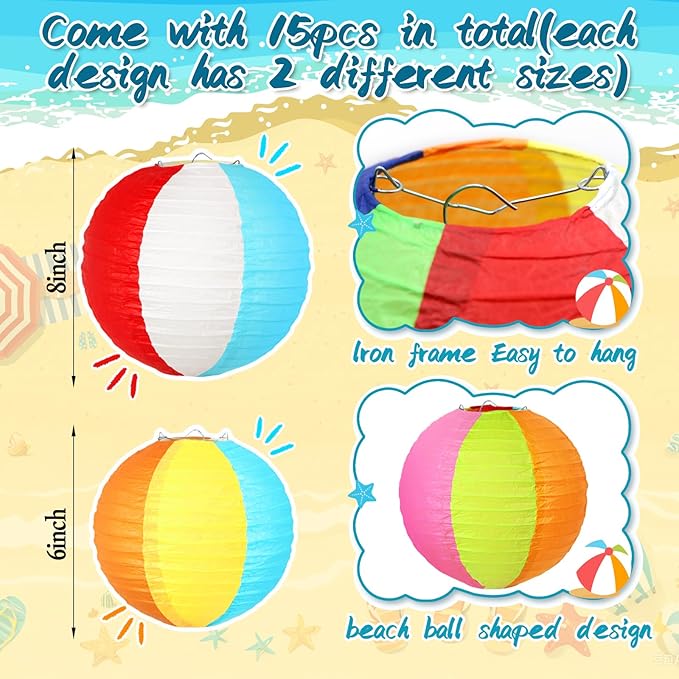 ADLKGG 15Pcs Pool Party Decorations Beach Ball Paper Lanterns, Summer Hawaiian Luau Themed Birthday Supplies, Reusable Decor for Outdoor Events, Indoor Classroom Home