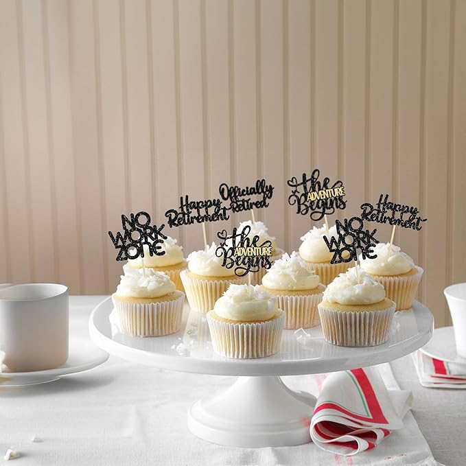 24Pcs Happy Retirement Cupcake Toppers Officially Retired No Work Zone Adventure Begins Cupcake Pick Decorations Retirement Theme Farewell Birthday Party Cake Decorations Supplies Black