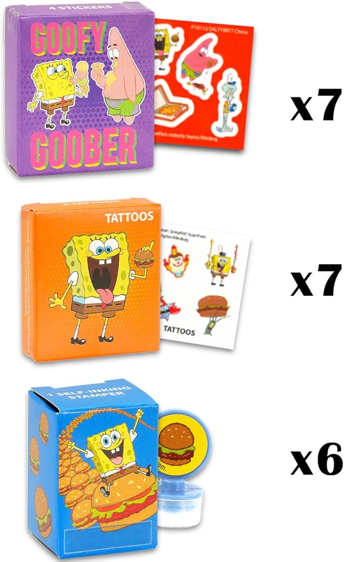 Spongebob Party Favors for 20 Guests Bundle ~ 20 Pieces Spongebob Favor Boxes with Stickers, Tattoos and Stampers for Kids Birthday Party | Spongebob Party Supplies and Decorations Combo Pack
