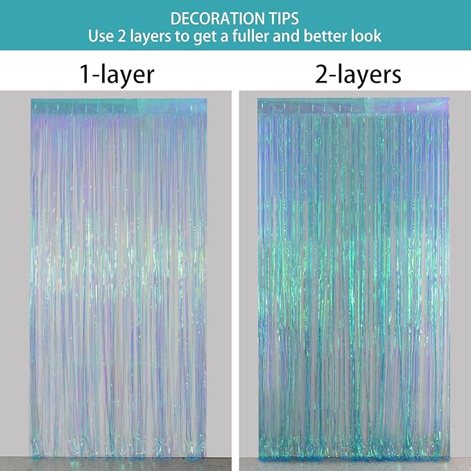 Melsan Iridescent Blue Fringe Backdrop Party Streamer Decorations - 3.2 x 6.5 ft Tinsel Backdrop Foil Curtains for Gender Reveal Under The Sea Ocean Theme Birthdays Parties - 2 Packs