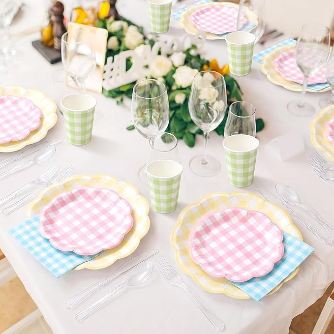 50 Sets Easter Spring Pastel Gingham Disposable Tableware Pink Yellow Paper Plates Green Cups Blue Napkins Clear Knives Forks Spoons for Birthday Baby Shower Wedding Party Decoration
