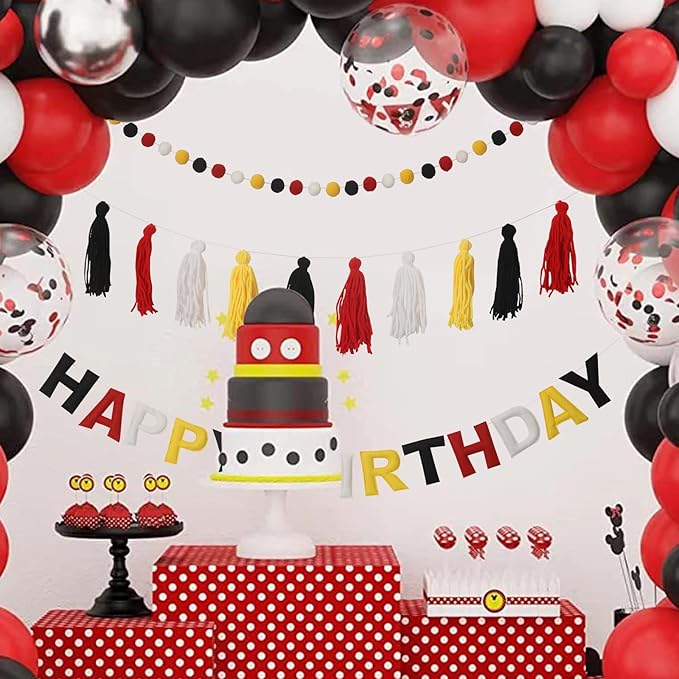 Pre-Strung Happy Birthday Banner Red and Black Party Decorations Felt Ball Garland Sign for Cartoon Mouse Birthday Party Décor