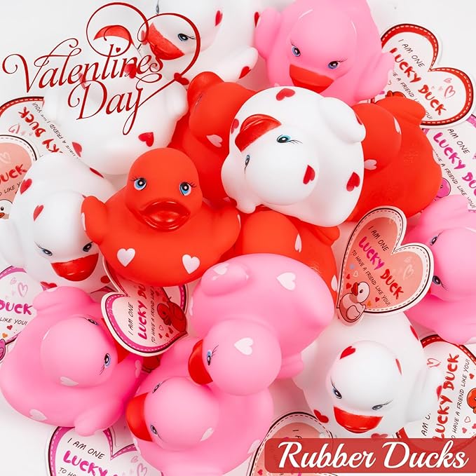 20pcs Rubber Ducks with Cards Gift Valentines Day Party Favors Small 2.36” Assorted Pink Red White Squeaky Duckies in Bulk with Love Heart Cards Treats Giveaways for Kids Cupcake Topper