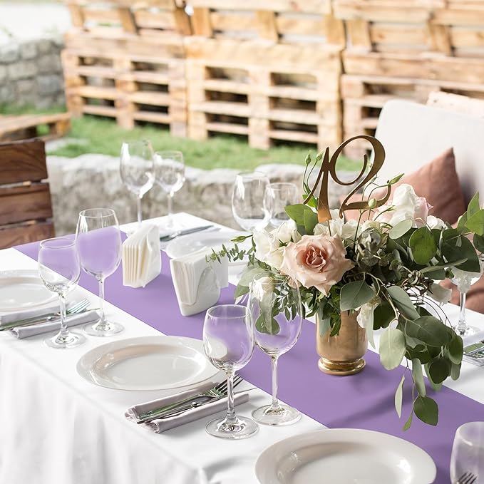 12Pack 12x108Inch Satin Table Runner and 54x108Inch Plastic Tablecloths White Light Purple Disposable Rectangle Table Cover for Graduation Wedding Bridal Shower Anniversary Birthday Party Decorations