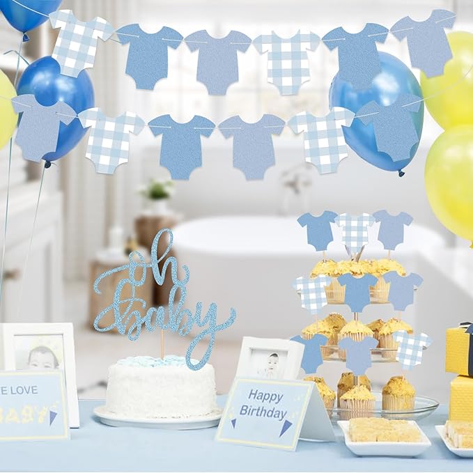 2 Pack Boy Blue Bodysuit Banner,1Pcs Blue Glitter Cake Toppers,12 Pcs Cupcake Toppers Happy Birthday Decoration Kit-Bodysuit Theme Kit Party Decoration Baby Shower Party Supplies Decor for Baby Shower