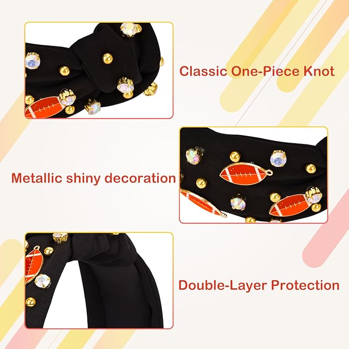 Football Headband for Women, Rhinestone Wide Jeweled Fashion Knotted Hairband for Game Day, Football Costume Sports Hair Accessories for Football Mom Cheer Fans Party Gift - Black