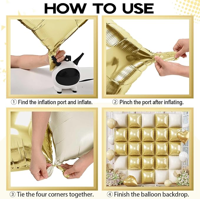 White Gold Square Foil Balloons, 25PCS Double Sided Cream Metallic Gold Square Balloons Backdrop Wall Beige Gold Elegant Balloon Background Decorations for Boho Birthday Wedding Engagement Baby Shower