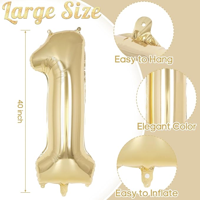 Light Gold Number 1 Balloon 40 Inch, Big Large Foil Helium Number Balloons, Jumbo Giant Mylar Number 1 Balloons for 1st first Birthday Party Decorations Supplies Anniversary