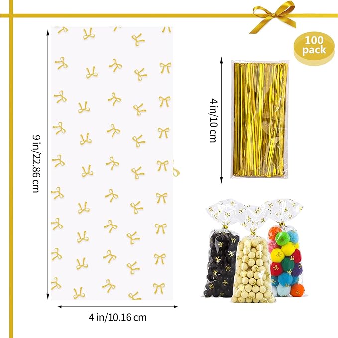 Clear Gift Bags, 4X9 In 100 PCS Cello Cellophane Treat Bags Party Favor Bags Clear Candy Cookie Bags Plastic Poly Goodie Bags with Twist Tie for Birthday,Baby shower,Wedding (Gold Bow)