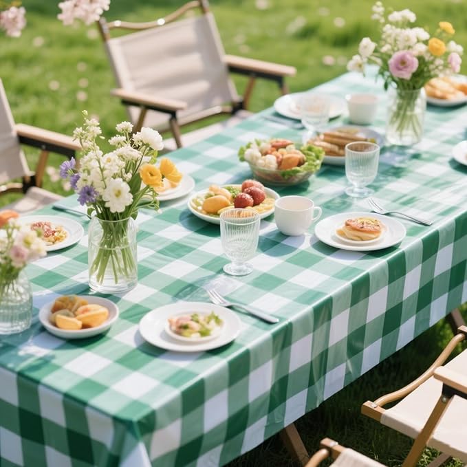 3 Packs Green Plaid Tablecloth 54 x 108 Inch Disposable Checkered Table Cloth Rectangular Waterproof Picnic Table Covers for BBQ Birthday Parties