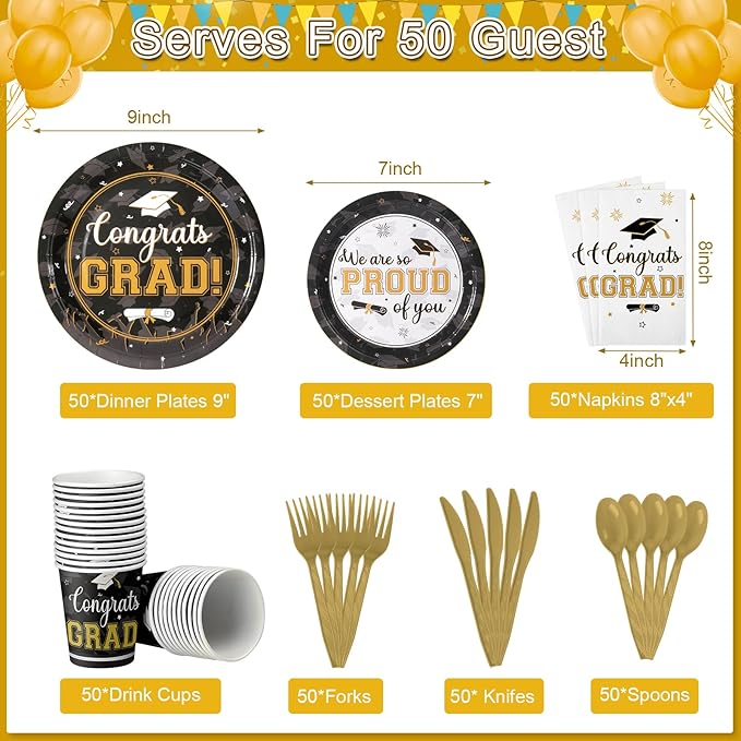 Graduation Party Supplies Congrats Grad Plates and Napkins Set Serve 50, Disposable Tableware Paper Plates Napkins Cup Knive Spoon Fork Straw for Class of 2026 Graduation Party Decorations Black Gold