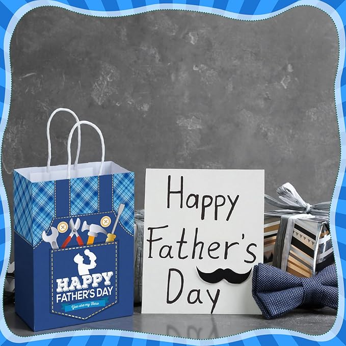 Sinload 48 Pcs Happy Father's Day Party Gift Bags Paper Bags with Handles Dad Treat Goodie Present Boxes Blue Black Party Supplies for Dads Men Anniversary Birthday Decor