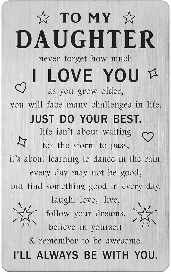 TANWIH Gifts for Daughter - Engraved Metal Daughter Wallet Card with Inspirational Quote Message - Daughters Birthday Graduation Card from Mom Dad
