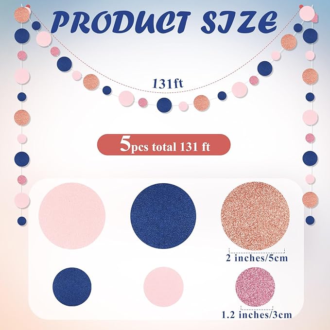 Outus 5 Pieces Blue,Pink,Rose Gold Round Dots Garland Easter Graduation Party Hanging Decor Each Length 13.1ft Glitter Paper Dot Streamers for Birthday Wedding Classroom