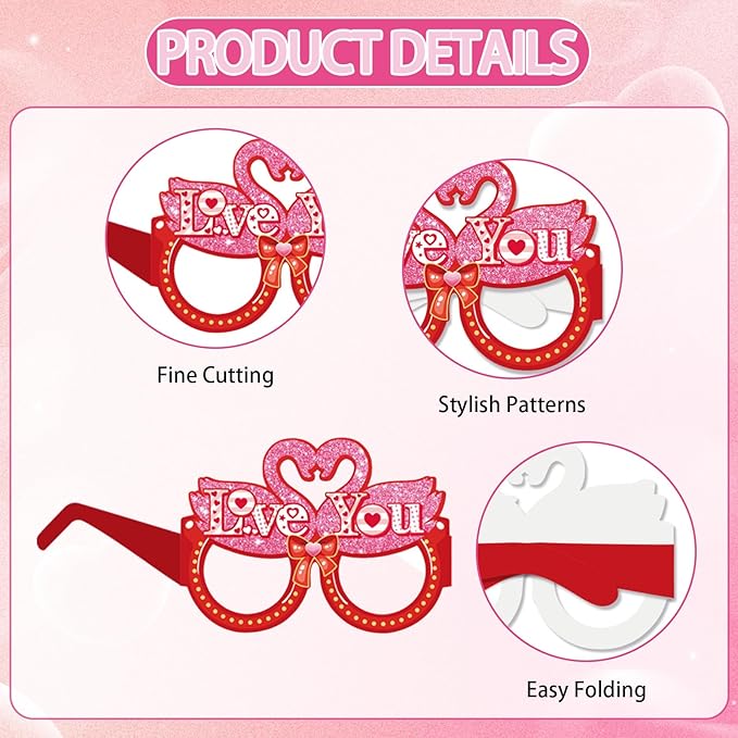 16Pcs Valentine's Day Party Glasses Frames, Sweet Valentine's Day Paper Glasses Valentines Eyeglasses Photo Booth Props for Valentines Party Decorations Supplies