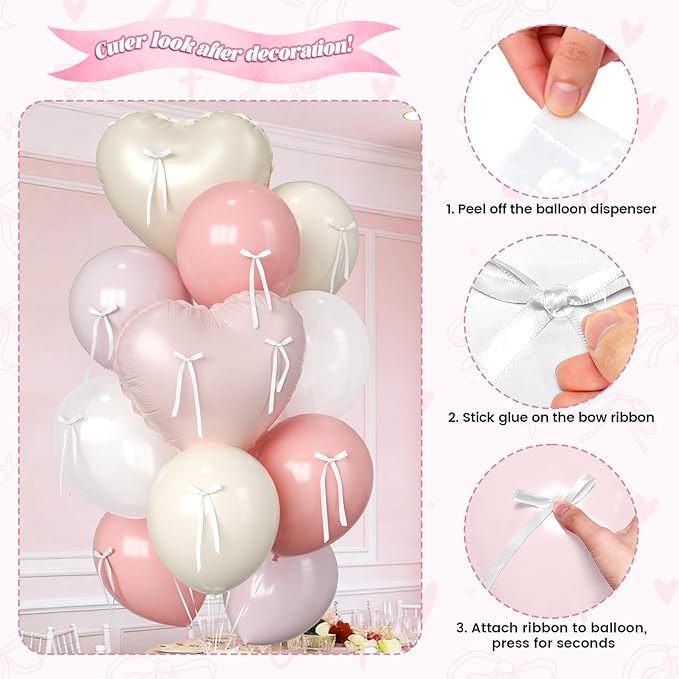 Paready Pink and Cream Heart Balloons, 38 Inch Bow Balloons, Dusty Pink Pearl White Sand White Balloon and Bow Heart Shaped Foil Balloon for Girls Birthday Bridal Baby Shower Valentines Decorations