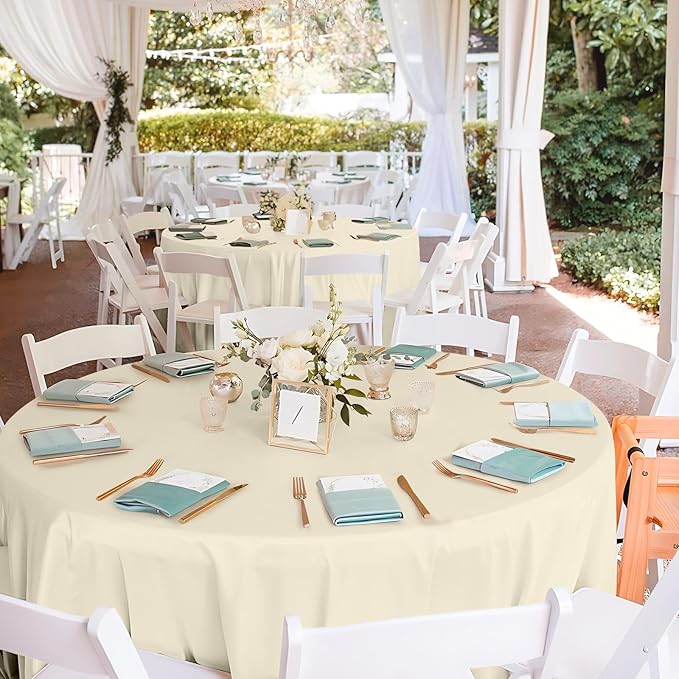 Mulbozy 12 Pack Ivory Round Tablecloth, 84 Inches Plastic Table Cover, Premium Disposable Round Party Tablecloth for Restaurant Dinners, Wedding, Grad Party, Baby Shower, Outdoor Camping