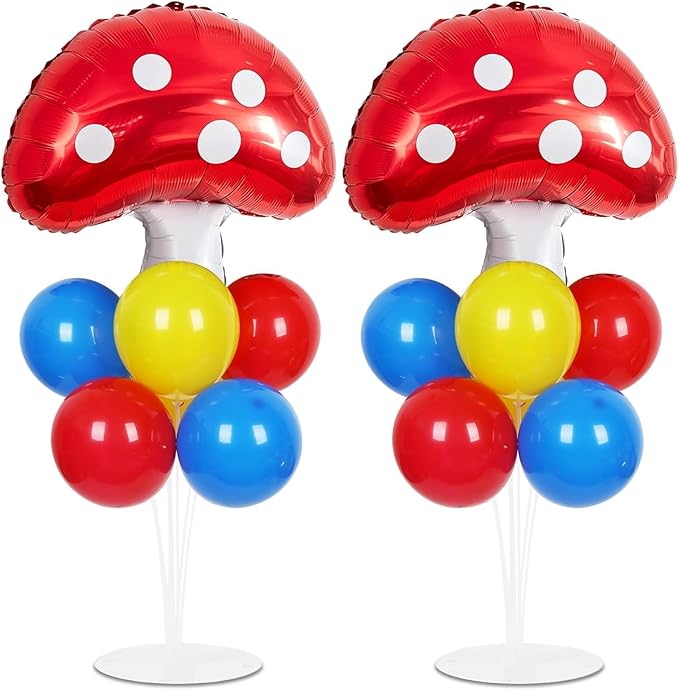 Mushroom Party Balloons Stand Kit 2 Sets with 2 Mushroom Foil Balloons Super Themed Brothers Balloon Centerpiece for Tables Spring Forest Plant Birthday Video Game Party Decorations