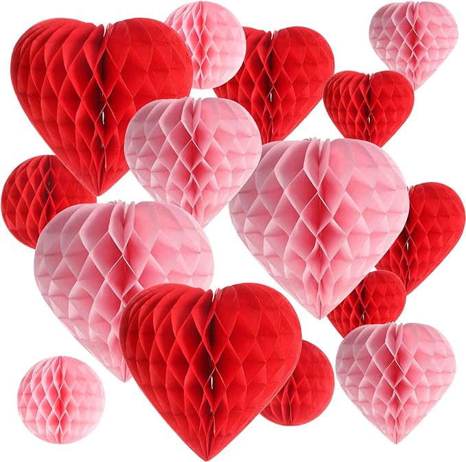 16 Pieces Valentine‘s Day Heart & Ball Tissue Paper Honeycomb Ball Love Decoration Pom Poms Pink Red Paper Heart Valentines Honeycomb for Valentine‘s Day Wedding Party Decors