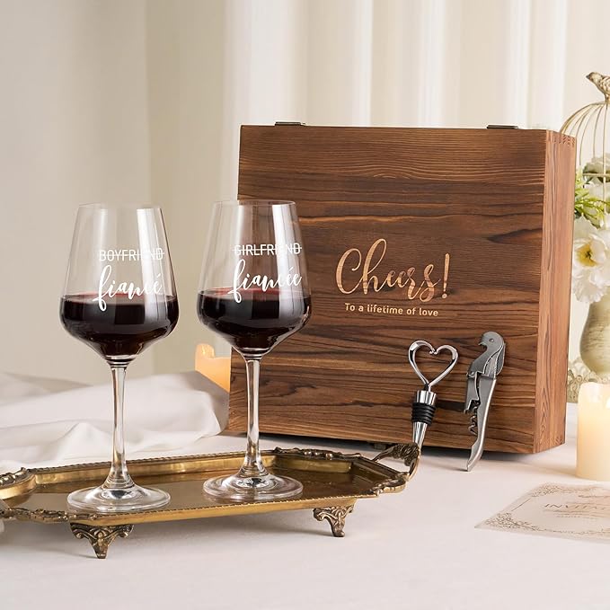 AW BRIDAL Engagement Gifts for Couples Wine Glasses Set, Fiance Fiancee Gifts for Women Bride to Be, Engaged Wine Glasses with Wine Stopper & Wood Keepsake Box, 2026 Wedding Gifts for Newlyweds