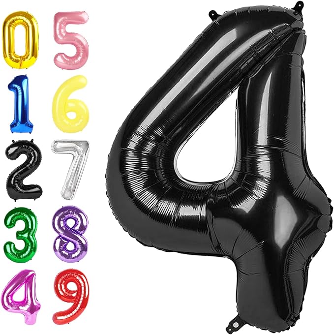 Balloon Numbers 40 Inch Foil 4 Balloons for Birthday Party Decoration, Black Number 4 Ballon for 4, 14, 24, 40 Celebration, Birthday, Christmas, Anniversary Decor