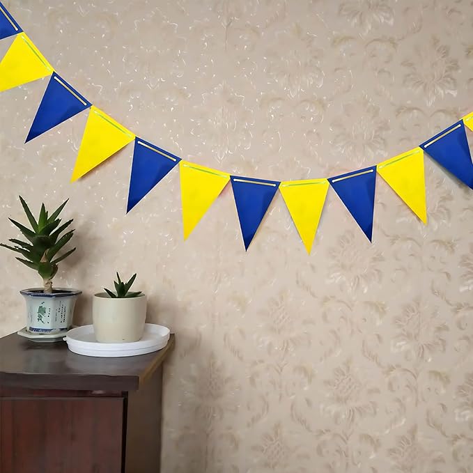 Blue and Yellow Pennant Banner 3 Pack Paper Triangle Flag Hanging for Wedding Birthday Gender Reveal Baby Shower Halloween Family Party Decoration（36pcs Triangle Flag）